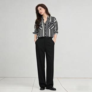 2026春夏黑白竖条纹衬衫女宽松 垂坠质感长袖衬衣 休闲百搭上衣