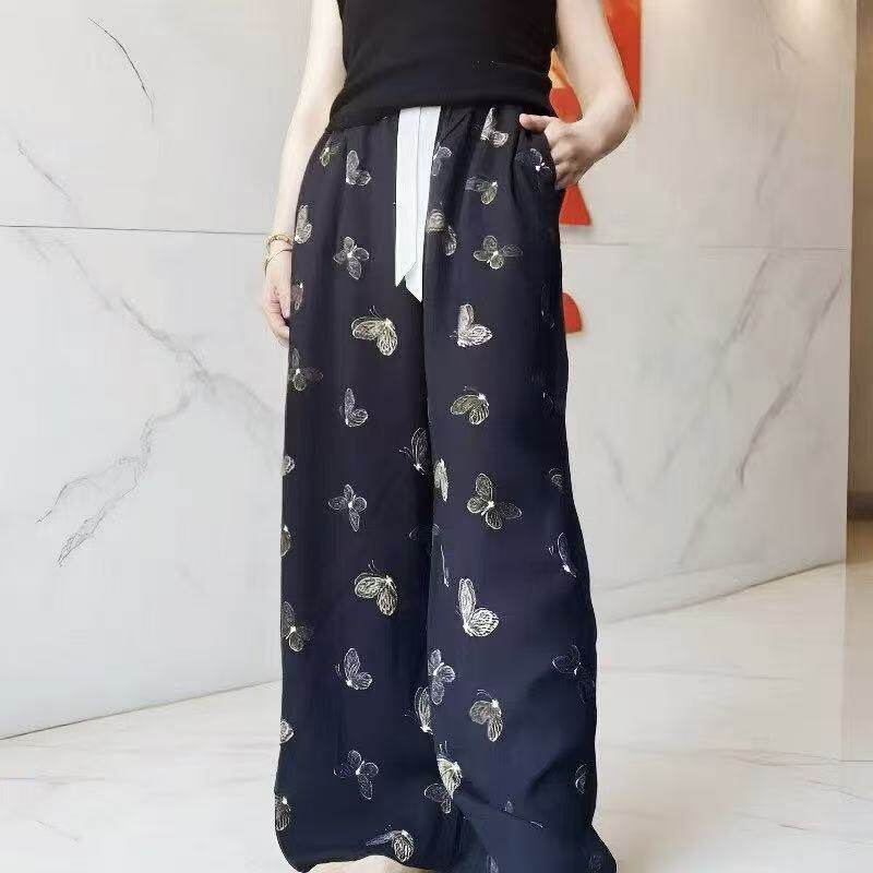 【双口袋】棉绸人棉阔腿裤女春夏季宽松拖地直筒高腰垂感慵懒睡裤