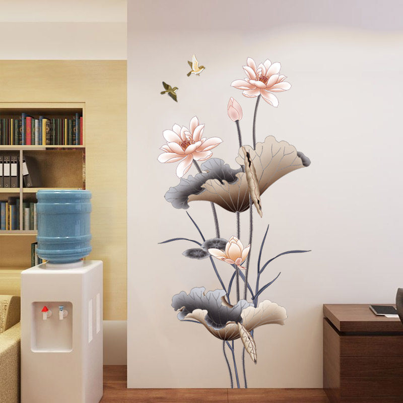 中国风荷花温馨卧室墙纸房间装饰品墙面墙壁贴画贴纸自粘墙贴壁纸