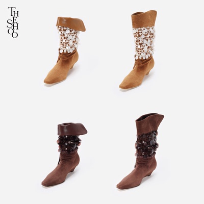 THE SHOO流苏闪片复古华丽方头真皮高跟靴