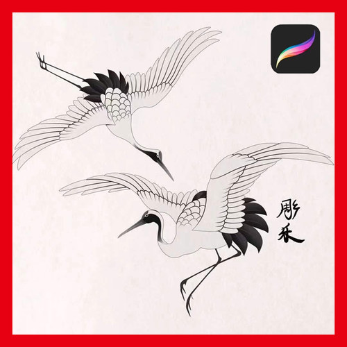 procreate笔刷国潮复古仙鹤鸟类线稿图案中国风刺青元素纹身素材