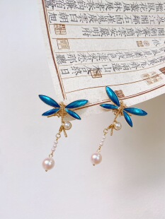 ｛烧蓝蜻蜓发夹｝汉服珍珠步摇掩鬓发钗子中国风少女发饰古装古风