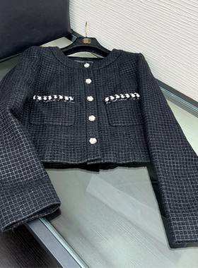 Yan.高级成衣定制 经典黑色圆领两口袋小香风编织粗花呢短款外套