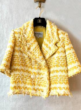Yan.高级成衣定制 江疏影同款小香风黄色瀑布翻领粗花呢短款外套