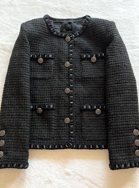 Yan.高级成衣定制 法式经典小香风黑色四口袋编织织带出花呢外套