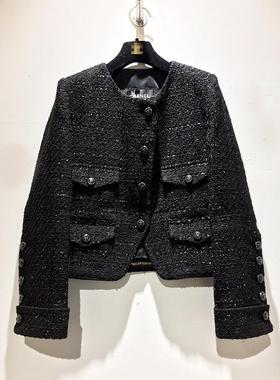 Yan.高级成衣定制法式小香风黑色亮丝精致四口袋翻袖短款花呢外套