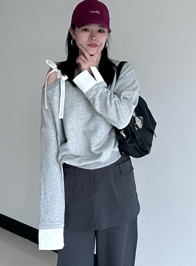韩系慵懒风假两件露肩卫衣女春秋宽松拼接白袖设计感小众灰色上衣