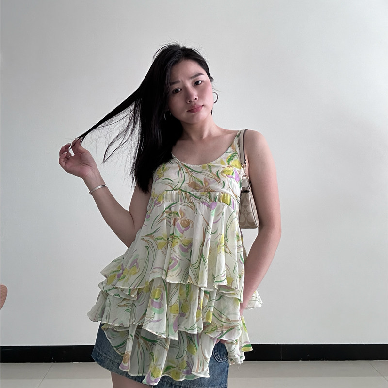 2026夏季新款女装时尚圆领小个子设计感印花雪纺吊带衫小清新裙子