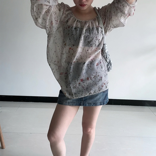 温柔风碎花衫套头女宽松慵懒防晒衬衫减龄超仙上衣印花罩衫长袖