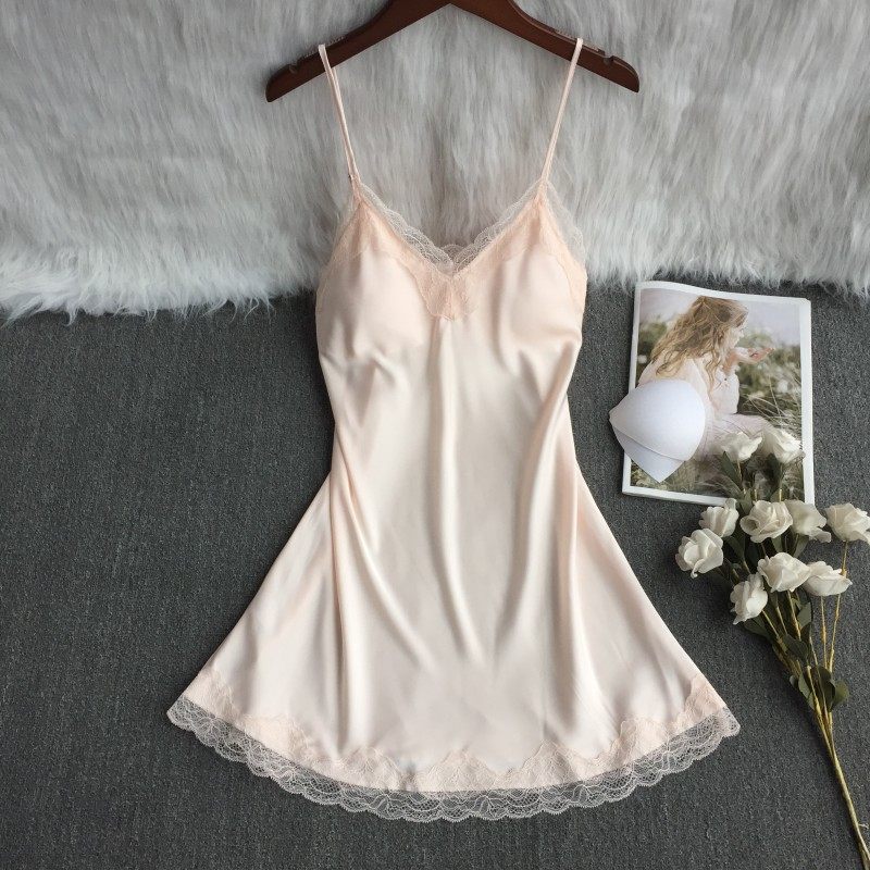 睡衣性感女新款蕾丝纯色无袖吊带纯欲风带胸垫睡裙冰丝夏季家居服