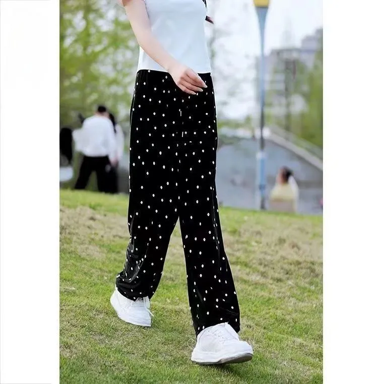 冰丝阔腿裤女夏季薄款2025新款小白花垂感窄版直筒黑色雪纺裤子潮