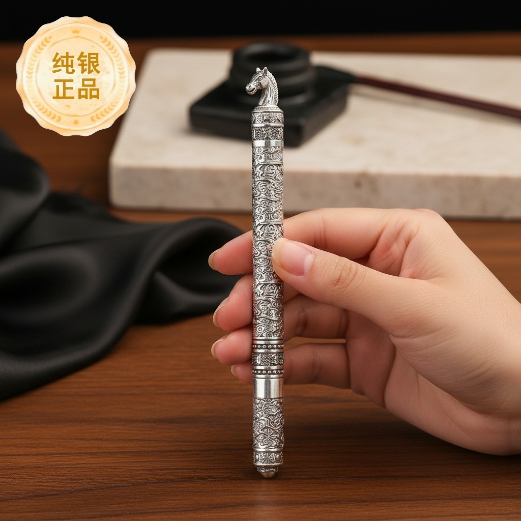 足银999纯银十二生肖马银笔复古祥云高档签字笔新年商务礼品礼物