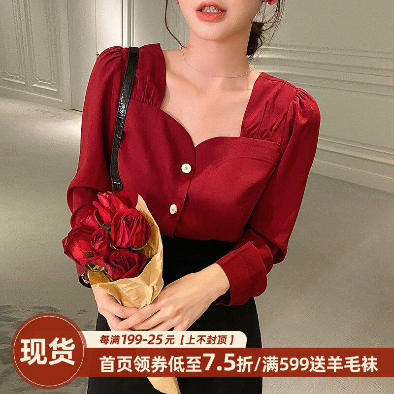 岛歌夫人复古港味法式红色方领上衣设计感小众轻熟风衬衫衬衣女秋在类目 女装/女士精品, 衬衫中 - 来自Buy2taobao.com提供专业的淘宝代购服务