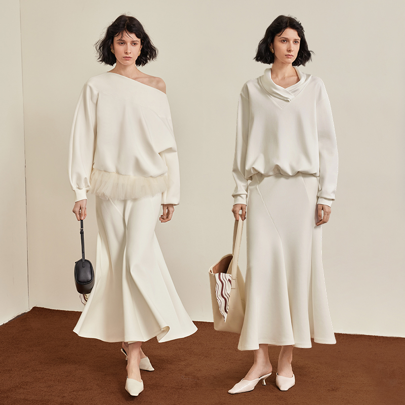 斜肩拼接网纱棉卫衣鱼尾半身裙