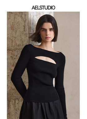 【柒柒】AEL原创法式镂空针织衫女2025秋装黑色显瘦羊毛打底衫