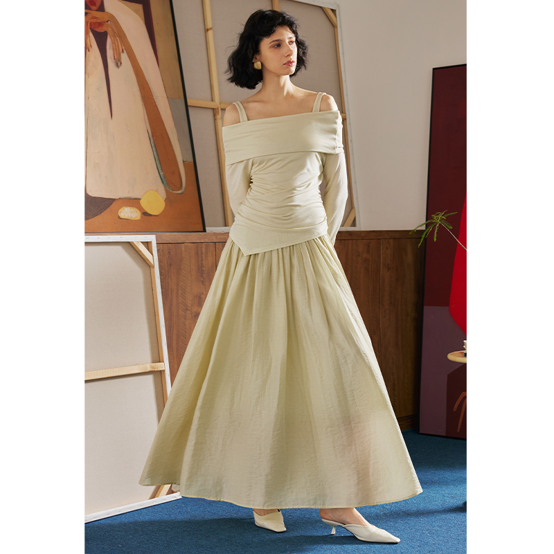 天丝堆叠领一字肩T恤套装裙女