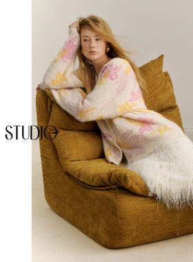 【柒柒】AEL原创羊毛拉毛提花毛衣女士2025秋冬显瘦长袖针织开衫