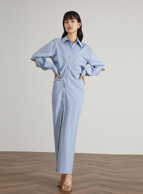 多件多折AEL设计感蓝色衬衫连衣裙女春季2025新款高级感法式长裙