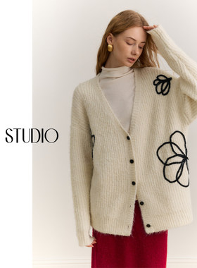 【柒柒】AEL原创慵懒风绣花羊毛毛衣女士2025冬季宽松针织开衫