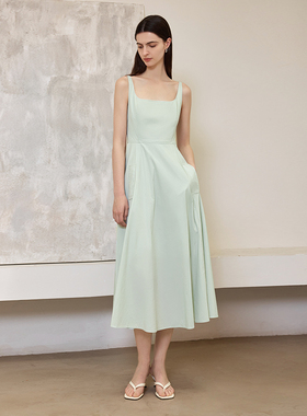 AEL原创薄荷曼波绿方领法式连衣裙2025春款气质无袖背心裙礼服裙