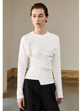 【柒柒】AEL原创长袖棉t恤不规则打底衫女2025新款秋收腰白色上衣