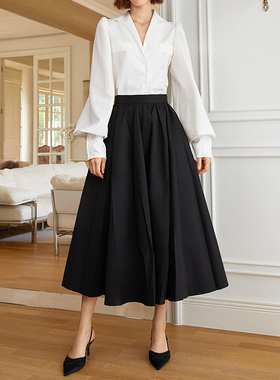 AEL原创气质一字肩长袖t恤2025新款春夏季法式高腰a字半身裙伞裙