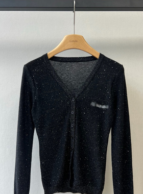 小众设计 25冬 时尚公主 满天星金丝羊毛字母刺绣V领修身针织开衫