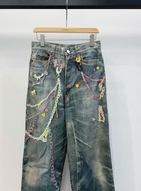 小众设计 25春夏 时髦街头 彩色链条字母印花做旧宽松直筒牛仔裤