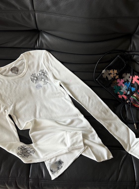 小众设计 24秋 时髦百搭vintage梵文十字架印花防晒华夫格长袖T恤