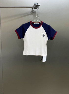 小众设计 23夏季 简约百搭基础 撞色拼接字母刺绣修身高腰短袖T恤