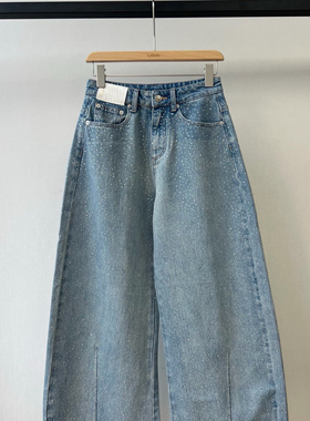 小众设计 25冬季 沈佳润同款 字母皮牌满天星烫钻阔腿显瘦牛仔裤