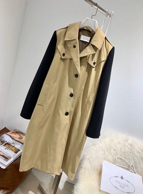 小众设计 22年秋冬新款 撞色拼接羊毛袖 腰带收腰中长款风衣外套