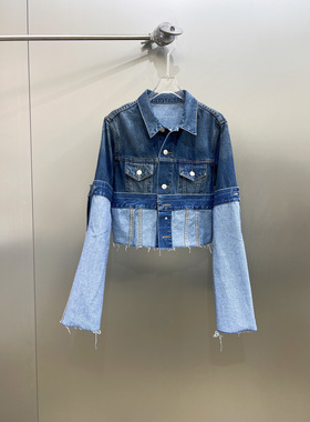 小众设计 23春夏 酷飒时髦 深浅撞色拼接翻折毛须边短款牛仔外套