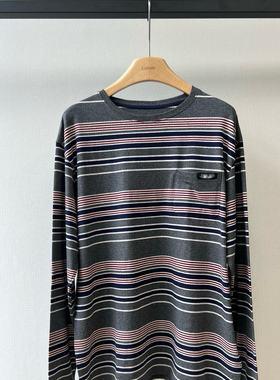 小众设计 25秋冬 慵懒青春俏皮 口袋字母徽章撞色条纹宽松长袖T恤