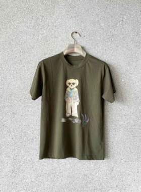 小众设计 24夏 美式休闲百搭 小熊字母印花薰衣草刺绣宽松短袖T恤