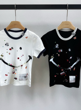 小众设计 25夏季 潮流青春酷飒 彩色泼墨笑脸印花徽章修身短袖T恤