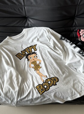 小众设计 24夏 美式复古vintage豹纹贝蒂字母印花宽松防晒长袖T恤