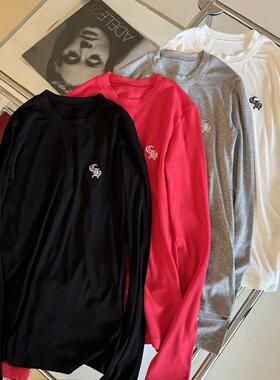 小众设计 24秋 可甜可咸辣妹时尚 梵文十字架刺绣修身打底长袖T恤