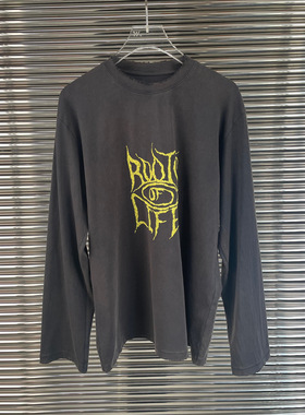 小众设计 23秋 潮流百搭休闲 字母印花洗水做旧破洞领宽松长袖T恤