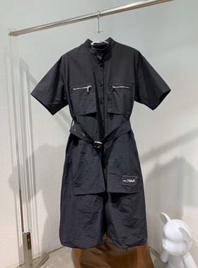 小众设计 25年夏季 工装风口袋拉链装饰 棉质混纺腰带收腰连衣裙