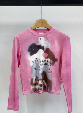 小众设计 25夏季 俏皮青春 可爱卡通小狗晕染印花修身短款长袖T恤