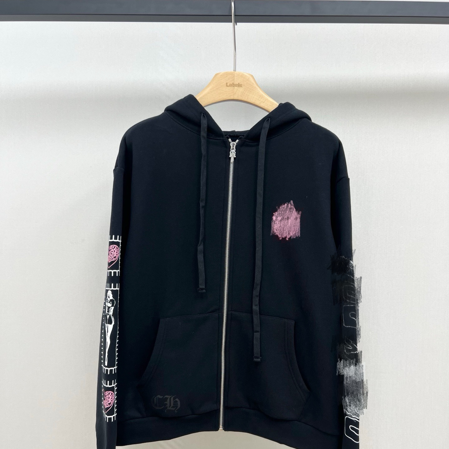 宝剑梵文美少女印花宽松连帽卫衣