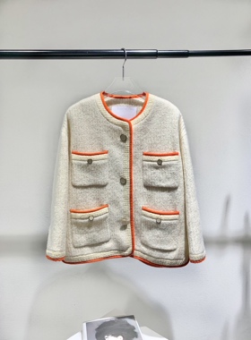 小众设计 22新款 小香风粗花呢 定制纽扣撞色镶边羊毛针织短外套