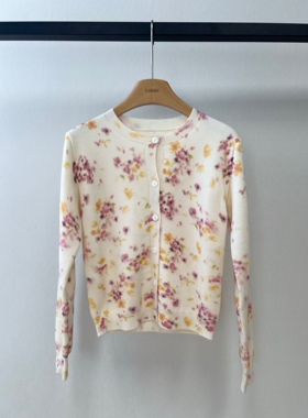 小众设计 25秋 权志龙同款 晕染花朵印花圆领羊毛针织开衫 情侣款