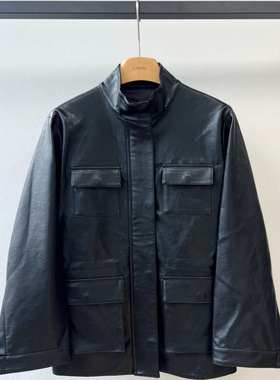 小众设计 25冬季 吴千语同款 酷飒girl抽绳收腰口袋工装立领皮衣