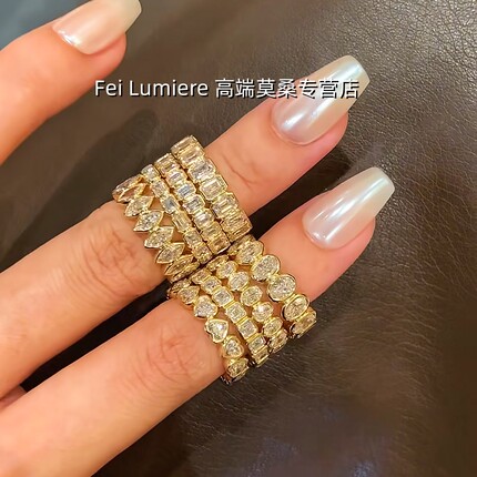 D色VVS级S925纯银镀18K金色镶嵌莫桑钻石满镶排戒叠戴戒指不掉色