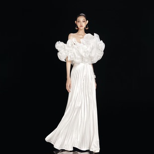 小众设计感女立体花苞一字肩露肩网纱高腰上衣百褶阔腿长裤两件套