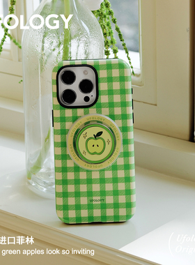 Ufology原创磁吸韩国进口菲林适用iPhone16promax手机壳15pro苹果14支架13全包12新款二合一11绿色格纹春天