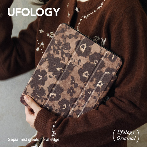 Ufology原创适用ipadair7保护壳pro11寸平板mini6/7保护套air4/5/6磁吸复古笔槽13寸苹果8/9/10/11代棕色花