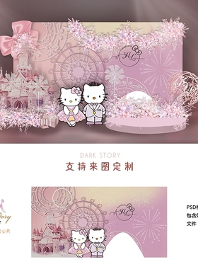 粉色卡通Hello Kitty凯蒂猫婚礼迎宾区背景设计psd源文件素材